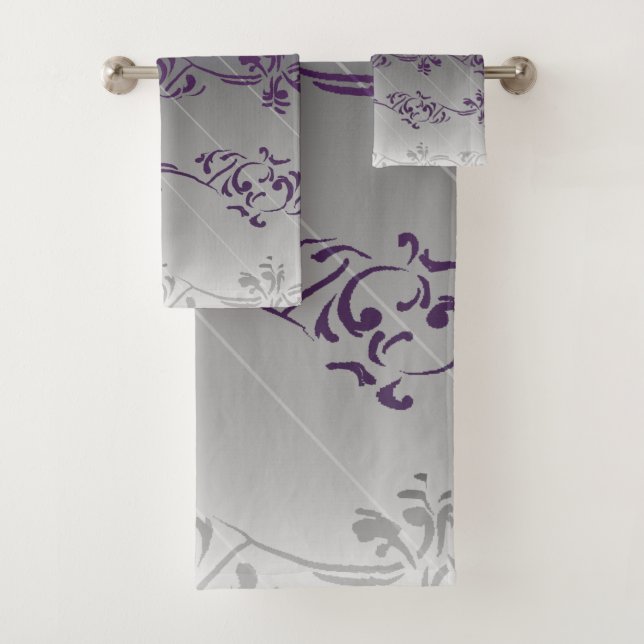 Purple Gray Gradient Striped Floral Leaf Pattern Bath Towel Set (Insitu)