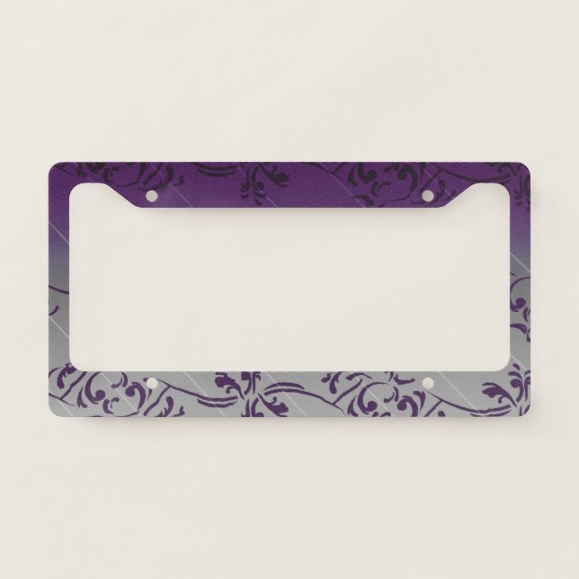 Purple Gray Gradient Striped Floral Leaf Pattern License Plate Frame (Front)