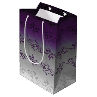Purple Gray Gradient Striped Floral Leaf Pattern Medium Gift Bag