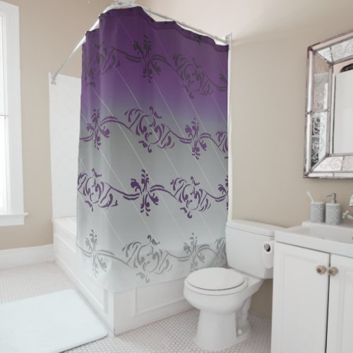 Purple Gray Gradient Striped Floral Leaf Pattern Shower Curtain