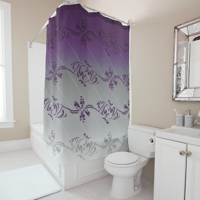 Purple Gray Gradient Striped Floral Leaf Pattern Shower Curtain (In Situ)