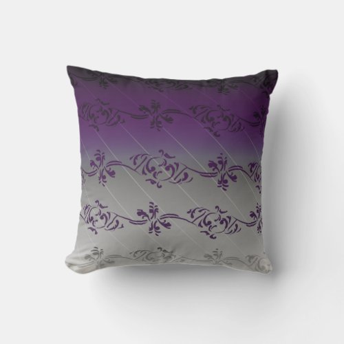Purple Gray Gradient Striped Floral Leaf Pattern Throw Pillow