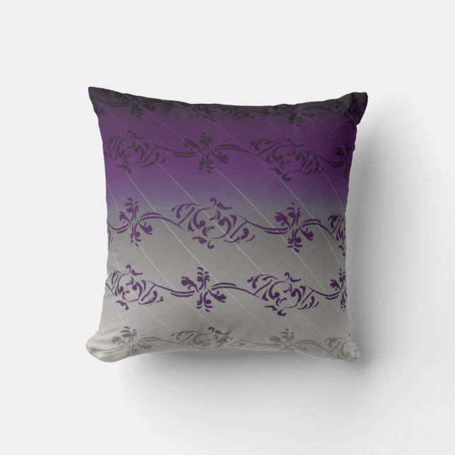 Purple Gray Gradient Striped Floral Leaf Pattern Throw Pillow (Front)