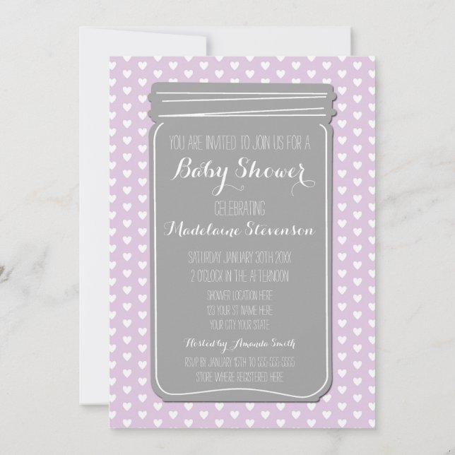 Purple Gray Heart Mason Jar Baby Shower Invitation (Back)