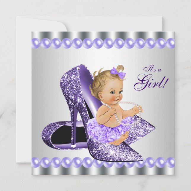 Purple Gray High Heel Shoe Baby Shower Invitation (Front)