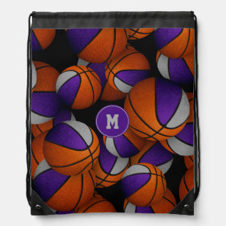Purple gray kids monogrammed basketballs pattern drawstring bag