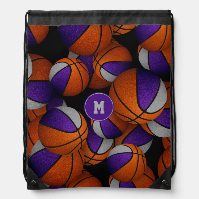 Purple gray kids monogrammed basketballs pattern drawstring bag (Front)
