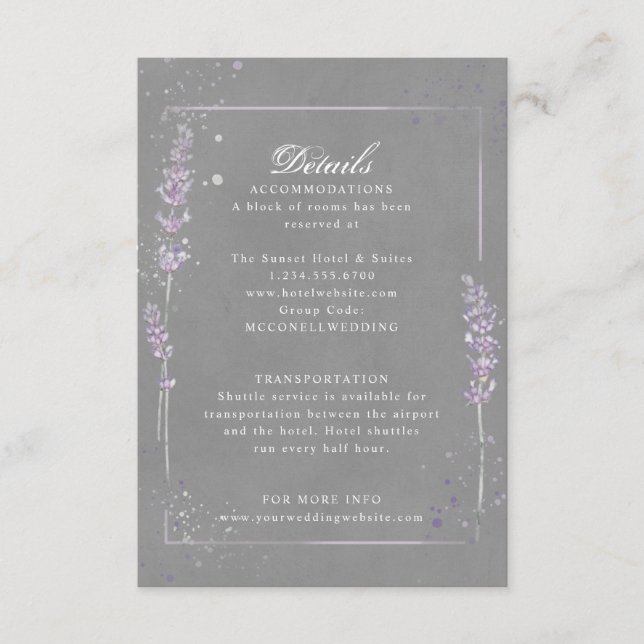 Purple gray lavender wedding reception details enclosure card (Front)