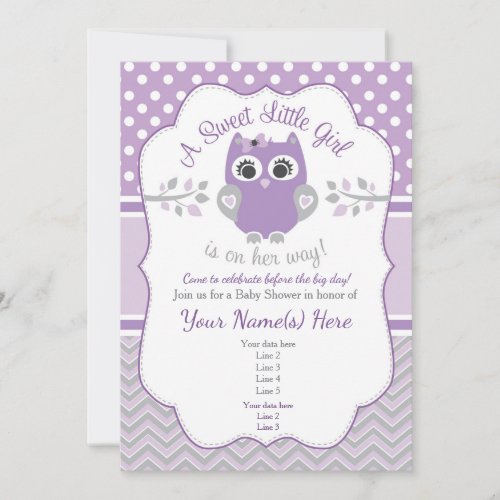 Purple Gray Little Owl Baby Shower Invitation