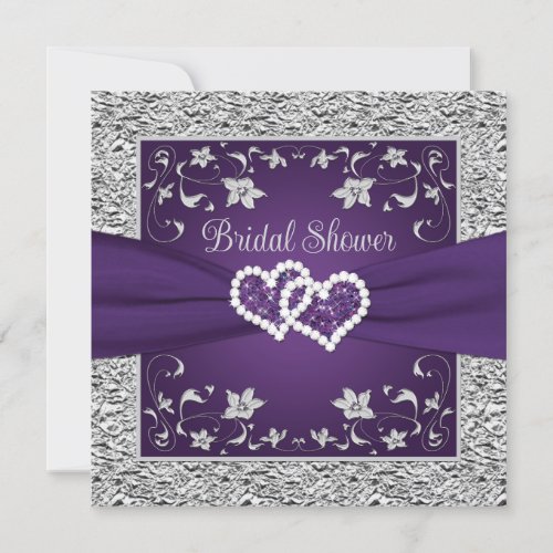 Purple Gray Love Hearts Bridal Shower Invitation