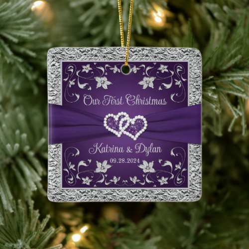 Purple Gray Love Hearts Wedding 1st Christmas  Ceramic Ornament