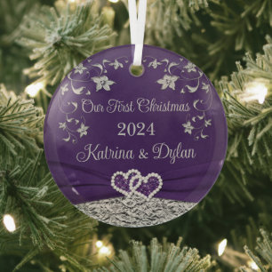 Purple, Gray Love Hearts Wedding 1st Christmas Glass Ornament