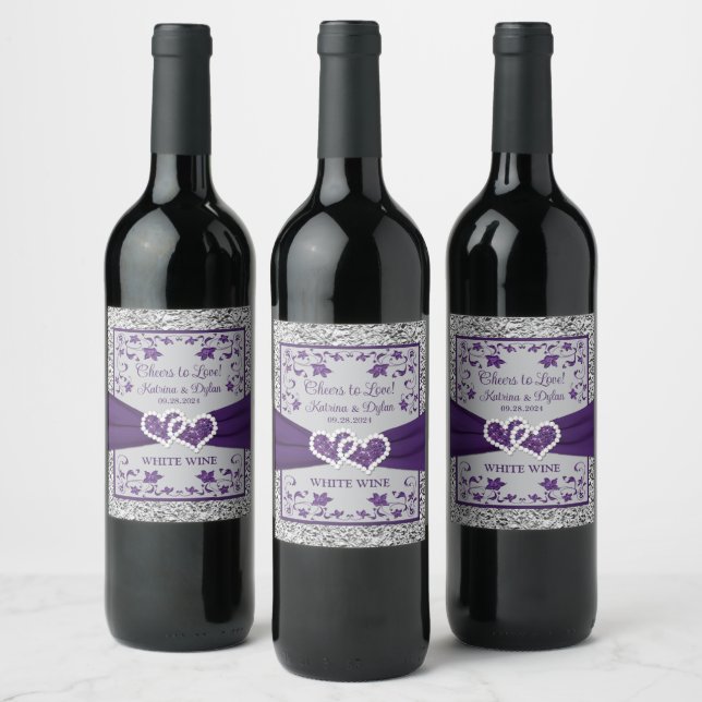 Purple, Gray Love Hearts Wedding Beverage Label 2 (Bottles)