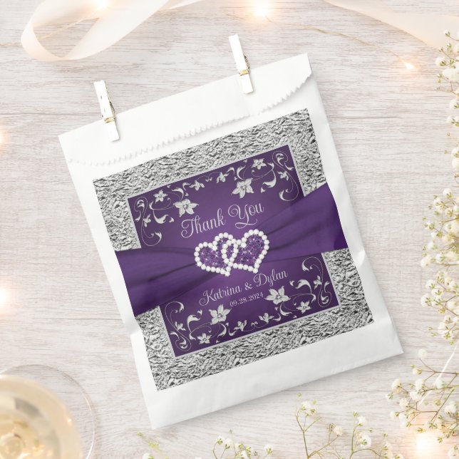 Purple, Gray Love Hearts Wedding Favor Bag (Clipped)