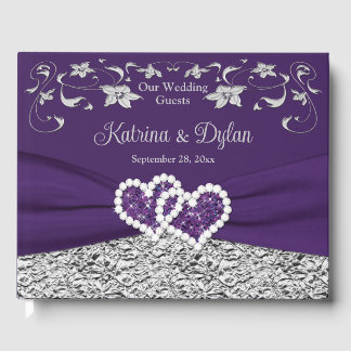 Purple, Gray Love Hearts Wedding Guest Book