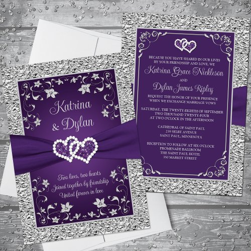 Purple Gray Love Hearts Wedding Invitation