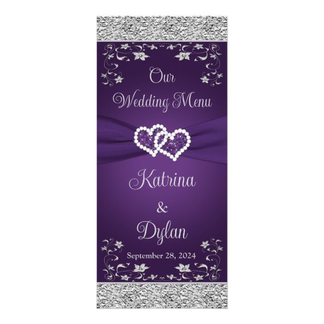 Purple, Gray Love Hearts Wedding Menu (Front)