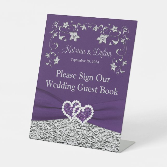 Purple, Gray Love Hearts Wedding Pedestal Sign (Front)