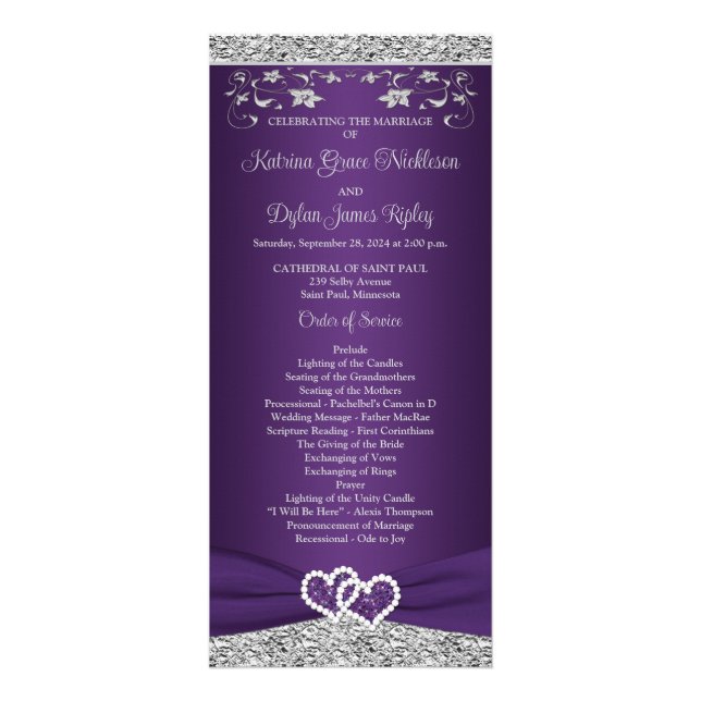 Purple, Gray Love Hearts Wedding Program (Front)