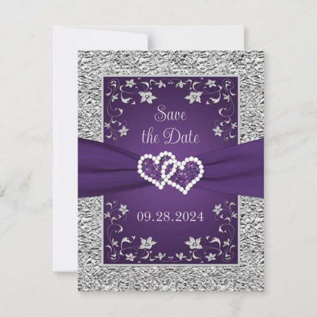 Purple, Gray Love Hearts Wedding Save the Date (Front)