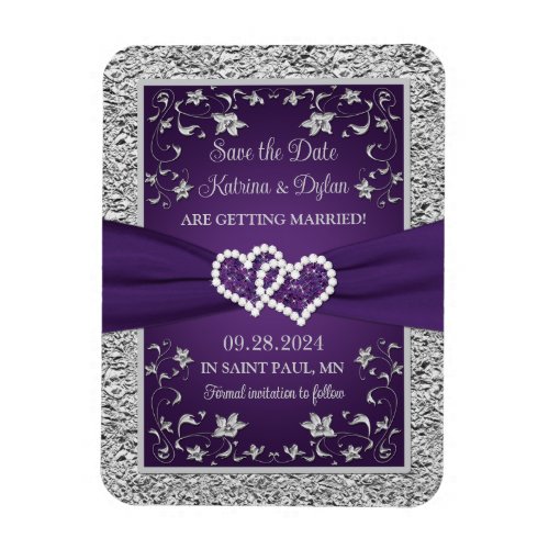 Purple Gray Love Hearts Wedding Save the Date Magnet