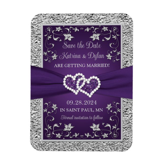Purple, Gray Love Hearts Wedding Save the Date Magnet (Vertical)