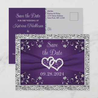 Purple, Gray Love Hearts Wedding Save the Date Postcard