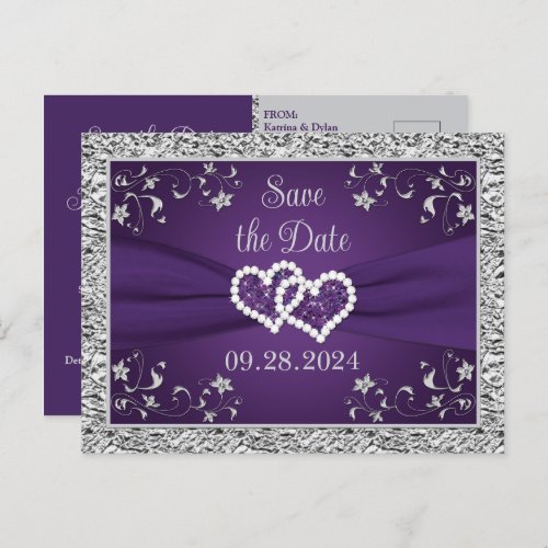 Purple Gray Love Hearts Wedding Save the Date Postcard