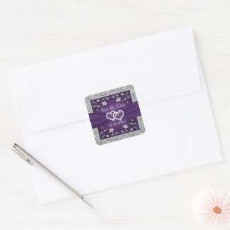 Purple, Gray Love Hearts Wedding Save the Date Square Sticker