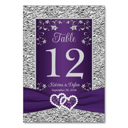 Purple Gray Love Hearts Wedding Table Number Card