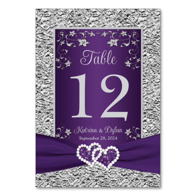 Purple, Gray Love Hearts Wedding Table Number Card (Front)