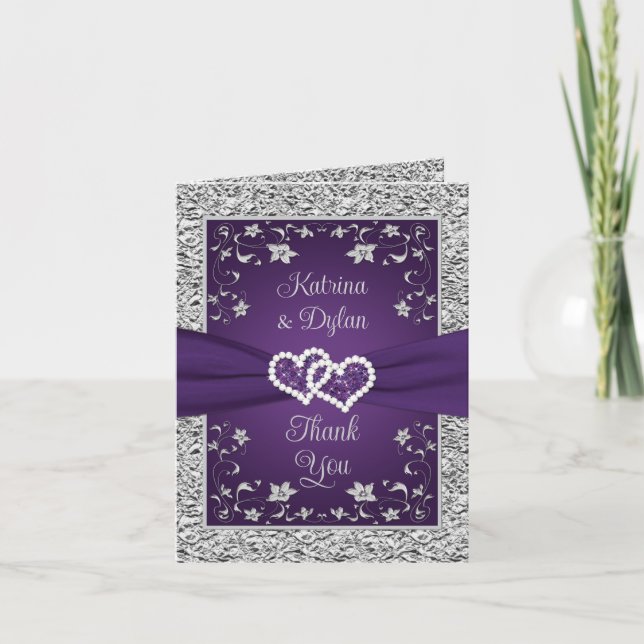 Purple, Gray Love Hearts Wedding Thank You Card (Front)