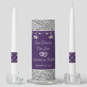 Purple, Gray Love Hearts Wedding Unity Candle Set