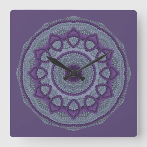 Purple Gray Mandala Square Wall Clock