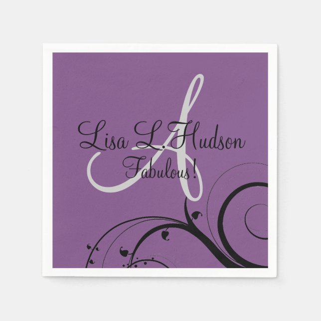 Purple Gray Monogram Black Swirls 50th Birthday Paper Napkins (Front)
