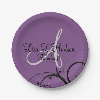 Purple Gray Monogram Black Swirls 50th Birthday Paper Plates