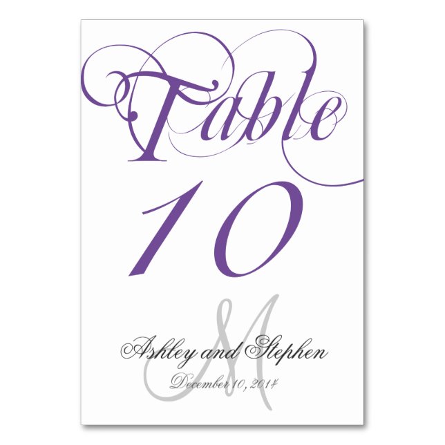 Purple Gray Monogram Wedding Table Number Card (Front)