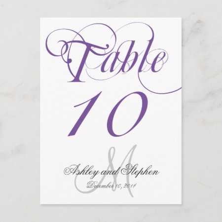 Purple Gray Monogram Wedding Table Number Card