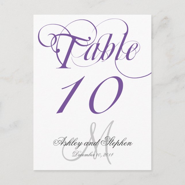 Purple Gray Monogram Wedding Table Number Card (Front)