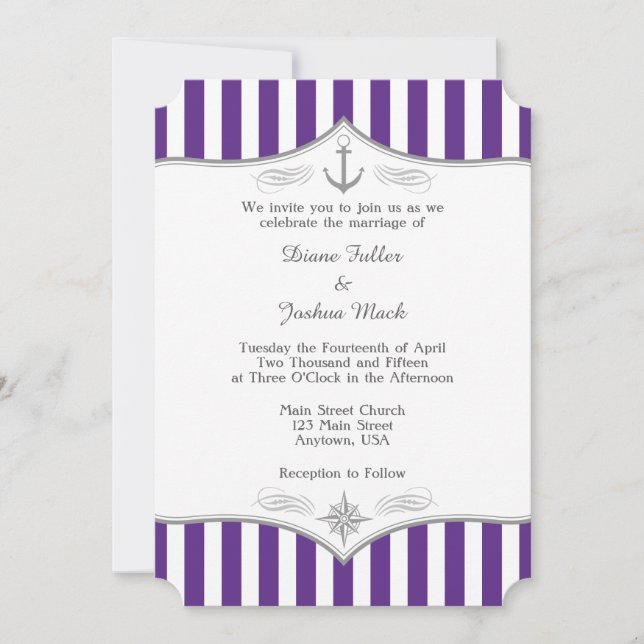Purple Gray Nautical Wedding Invitation (Front)