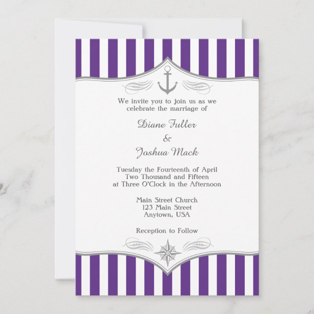 Purple Gray Nautical Wedding Invitation (Front)