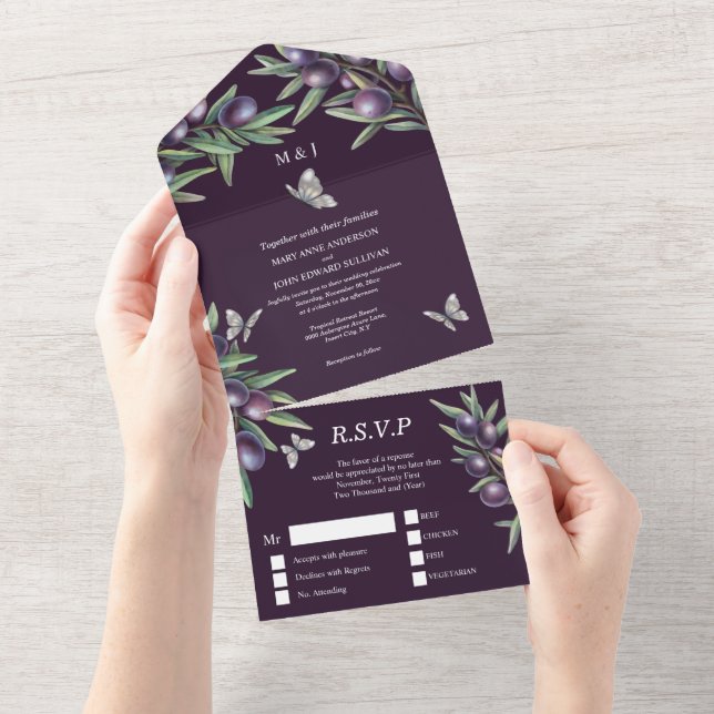 Purple gray olive butterfly glam wedding all in one invitation (Tearaway)