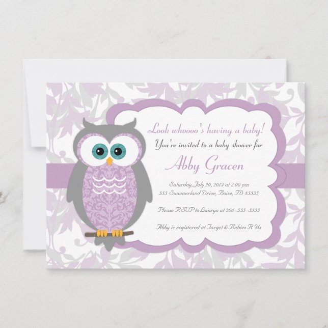Purple, Gray, Owl Baby Shower Invitations - 730 (Front)