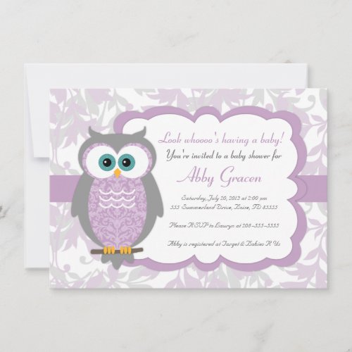 Purple, Gray, Owl Baby Shower Invitations - 730