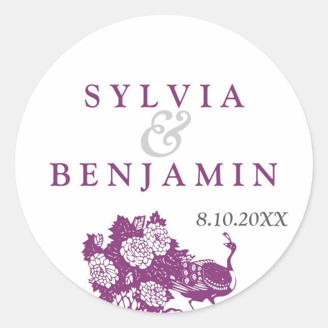 Purple gray peacock garden chic wedding favor seal (Front)