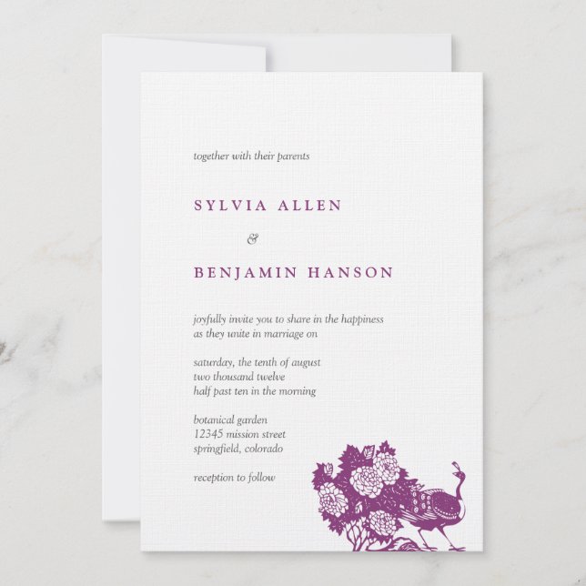 Purple gray peacock garden chic wedding invitation (Front)