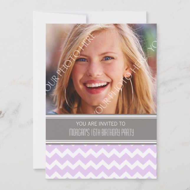 Purple Gray Photo 16th Birthday Party Invitations (Front)