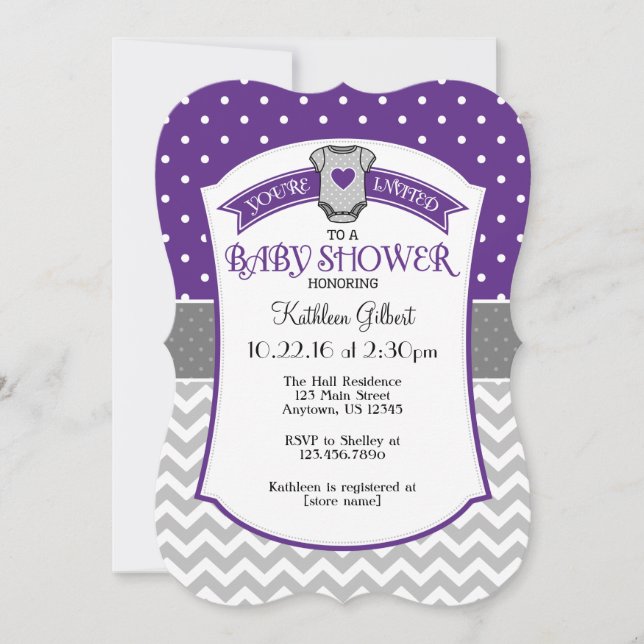Purple Gray Polka Dot Chevron Baby Shower Invite (Front)