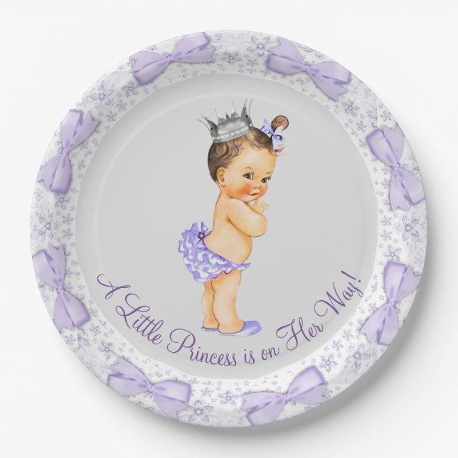 Purple Gray Princess Baby Shower Paper Plates (Front)