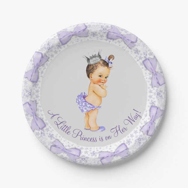 Purple Gray Princess Baby Shower Paper Plates (Front)